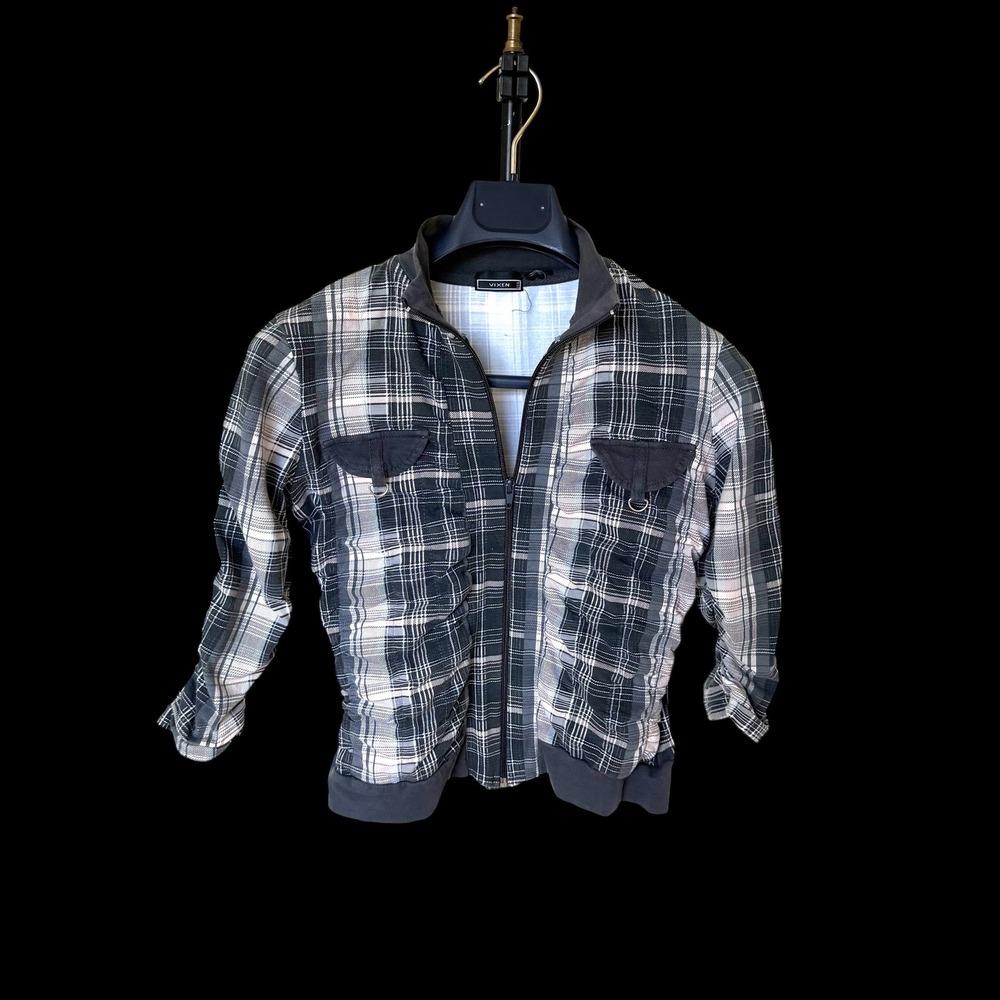 Y2K Vixen Plaid Ruched Zip Up Jacket Black Pink Grunge Mock Neck Small